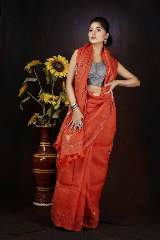Coral Orange Floral Embroidery Linen Saree