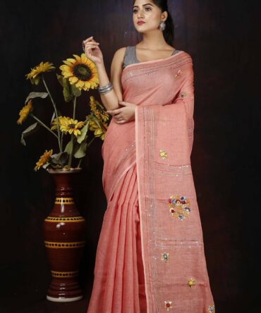 Pastel Pink Floral Embroidery Linen Saree