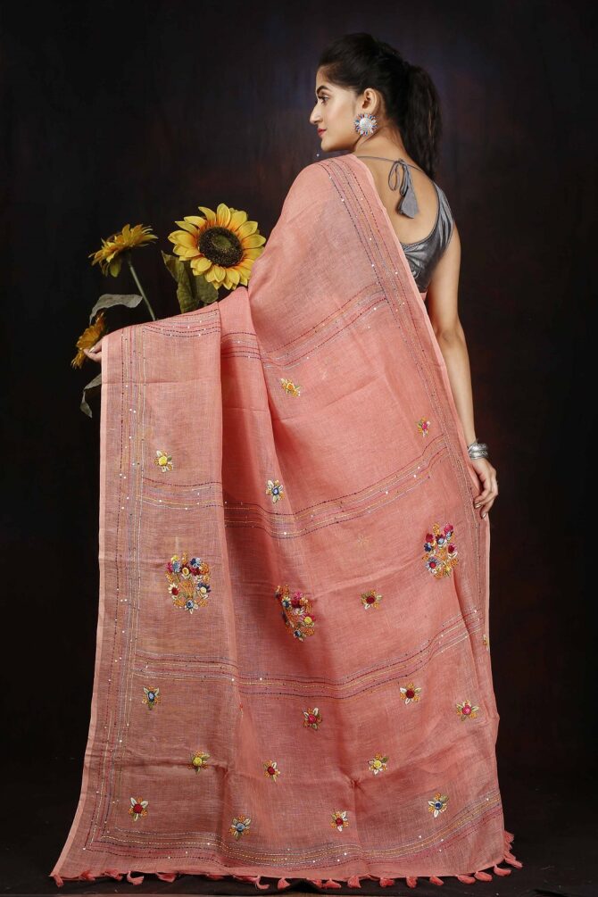 Pastel Pink Floral Embroidery Linen Saree