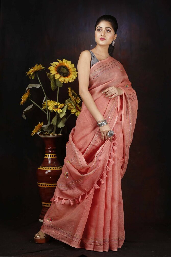 Pastel Pink Floral Embroidery Linen Saree