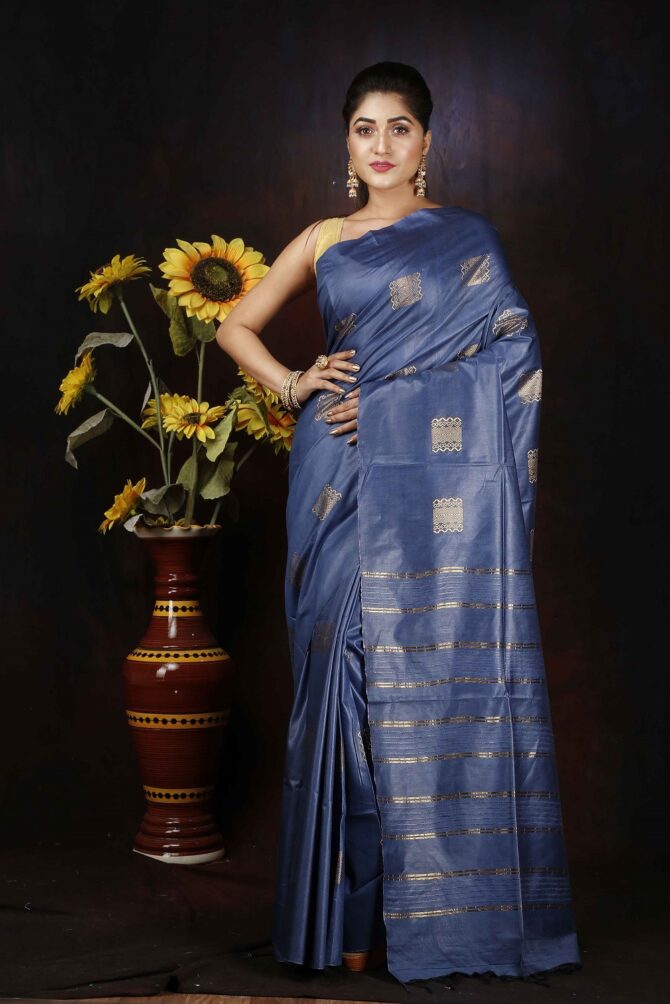 U.F Dark Blue Semi SIlk Saree