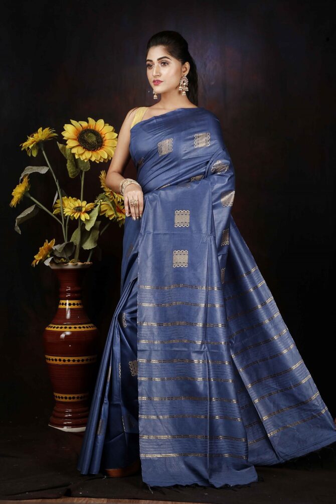 U.F Dark Blue Semi SIlk Saree