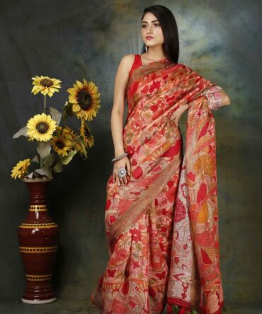 Multicolour Floral Kalamkari Linen Digital Print Saree