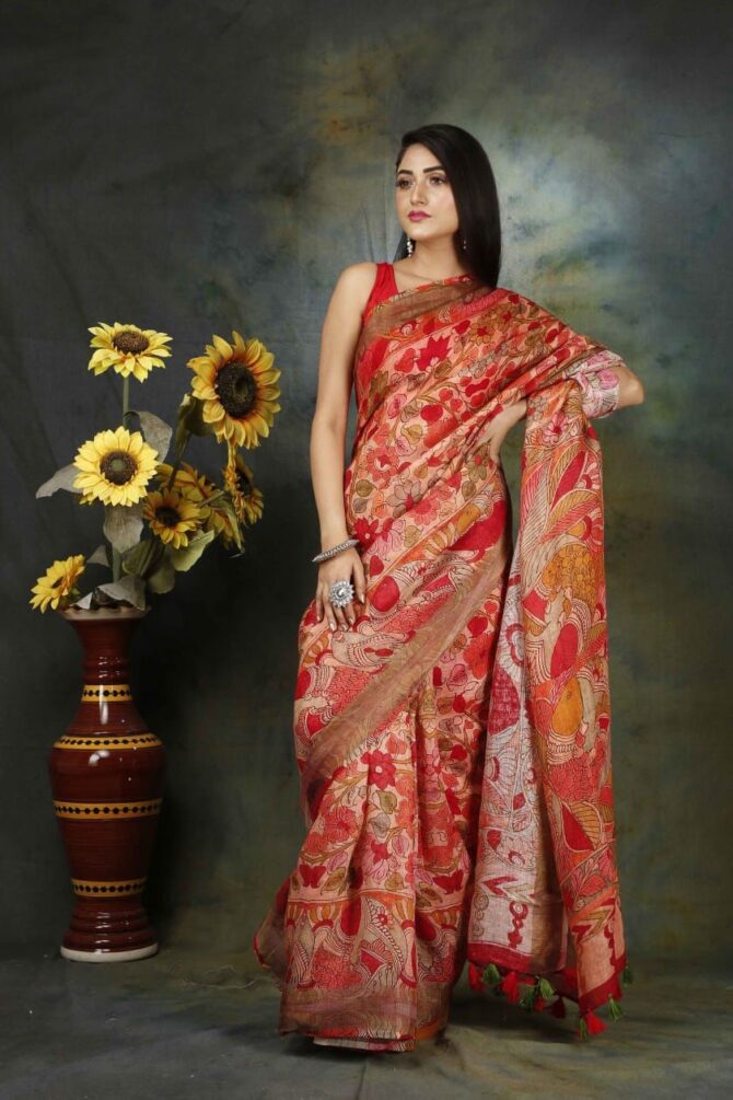 Multicolour Floral Kalamkari Linen Digital Print Saree