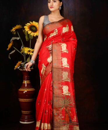 Red Tussar Silk Pichwai Digital Print Saree