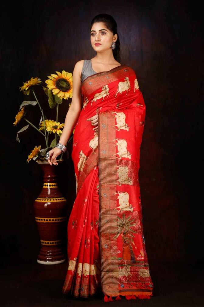 Red Tussar Silk Pichwai Digital Print Saree