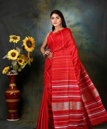Red Stripped Semi Silk Saree