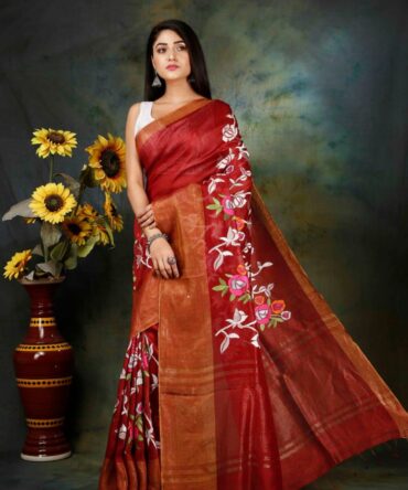 Red Silk Linen Floral Embroidrey Saree