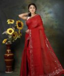 Sequence Embroidrey Red LinenSaree