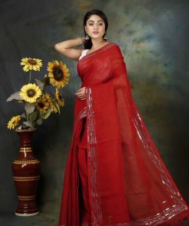 Sequence Embroidrey Red LinenSaree