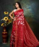 Maroon Floral Embroidery Silk Linen Saree