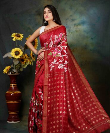Maroon Floral Embroidery Silk Linen Saree