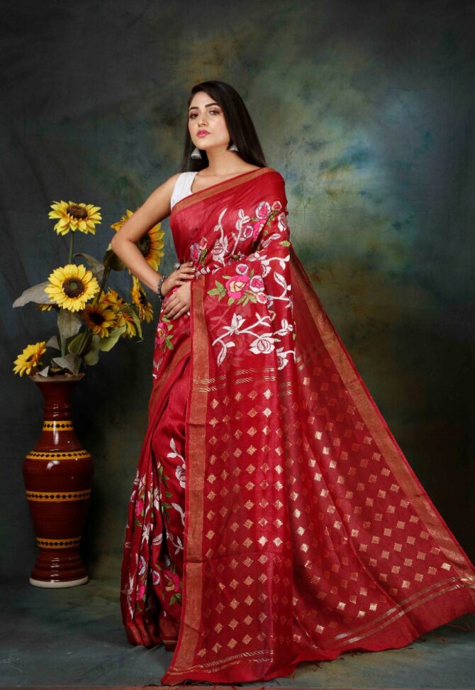 Maroon Floral Embroidery Silk Linen Saree