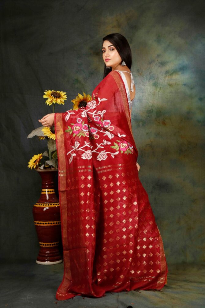 Maroon Floral Embroidery Silk Linen Saree