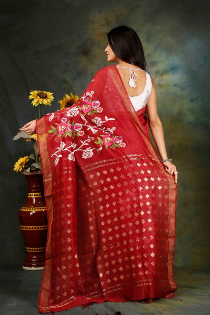 Maroon Floral Embroidery Silk Linen Saree