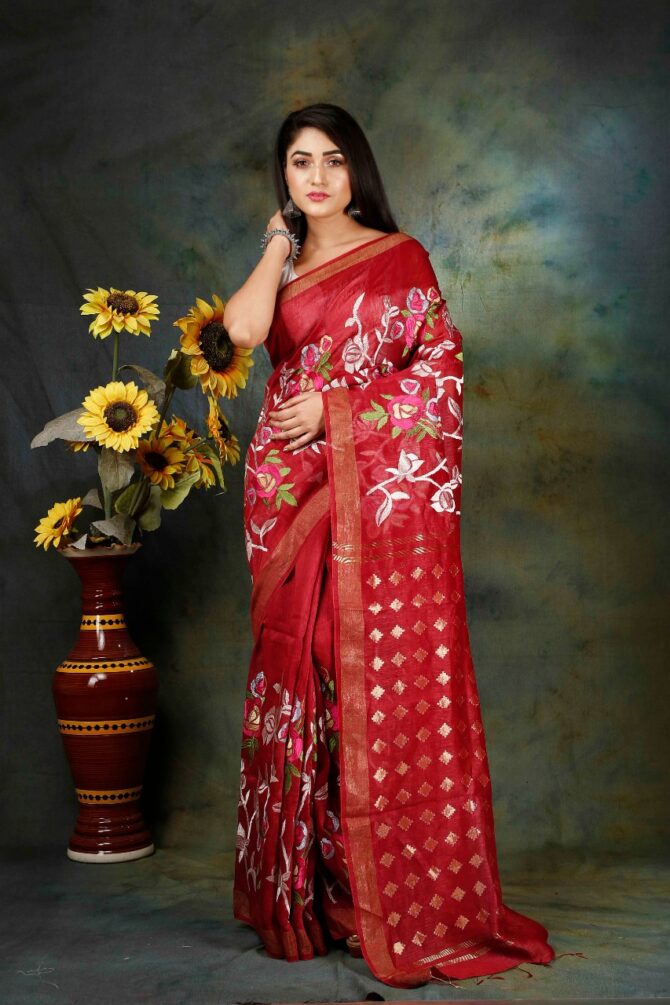 Maroon Floral Embroidery Silk Linen Saree