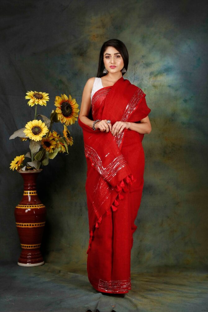 Sequence Embroidrey Red LinenSaree
