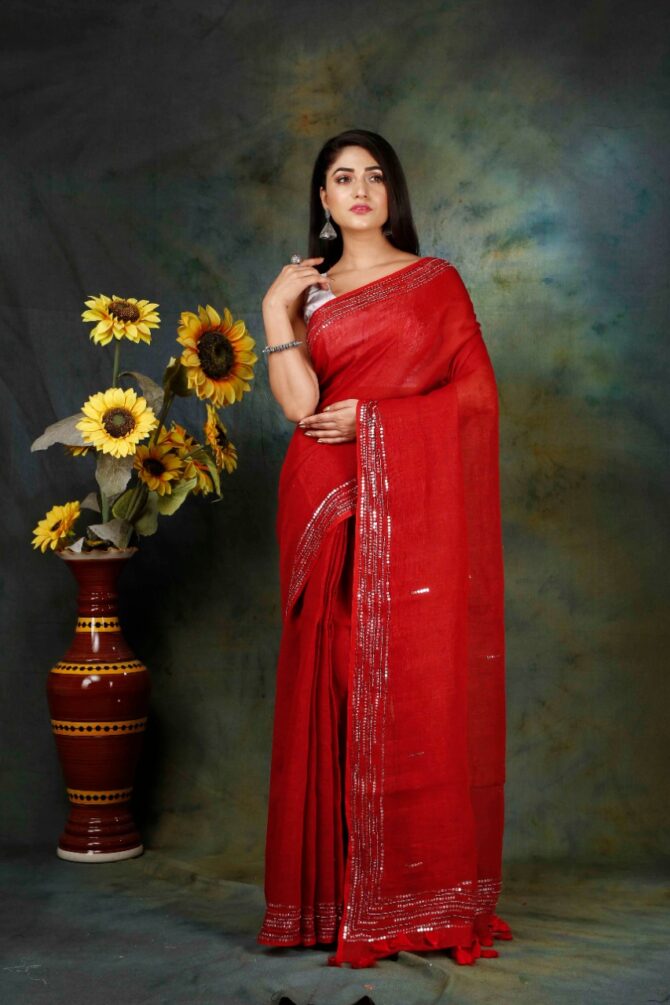 Sequence Embroidrey Red LinenSaree