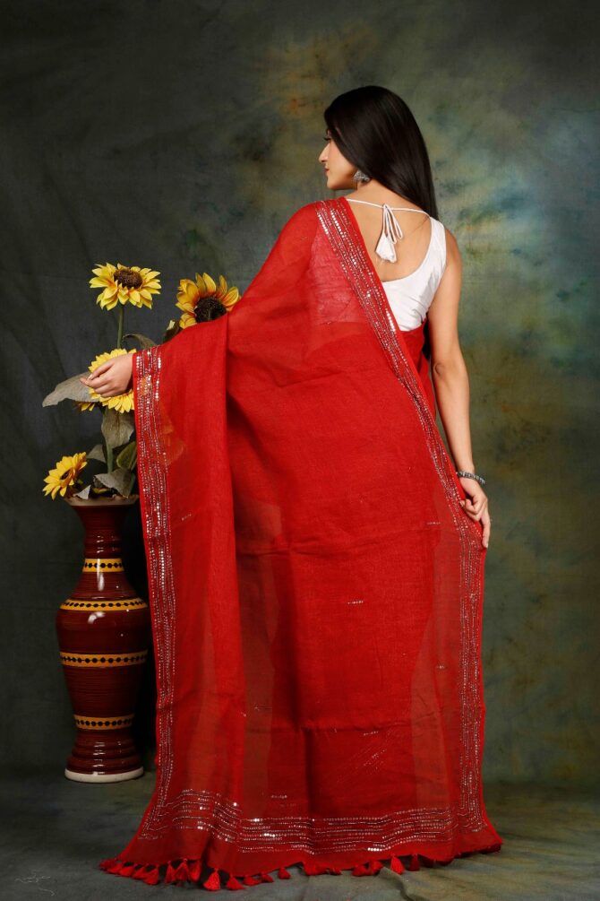 Sequence Embroidrey Red LinenSaree