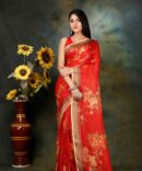 Bright Red Floral Linen Digital Print Saree