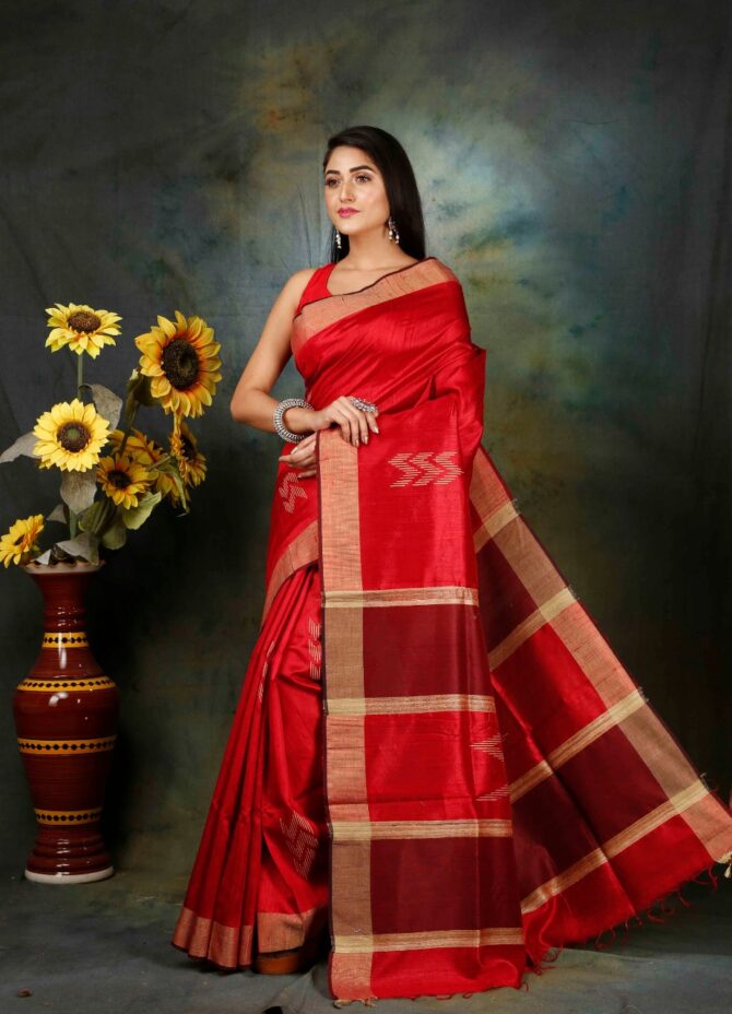 Duo Red Dupion Silk Saree