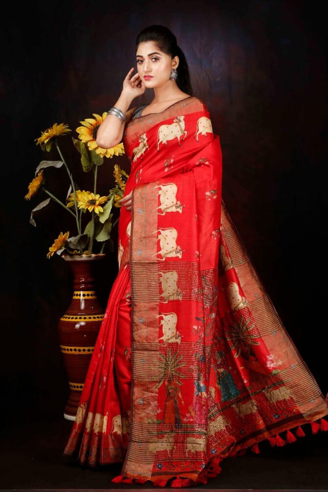 Red Tussar Silk Pichwai Digital Print Saree