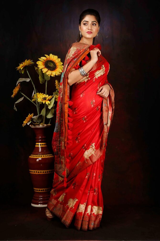 Red Tussar Silk Pichwai Digital Print Saree