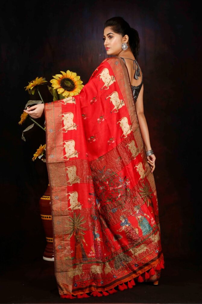 Red Tussar Silk Pichwai Digital Print Saree