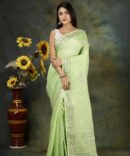 Sage Green Sequence Embroidery Linen Plain Saree