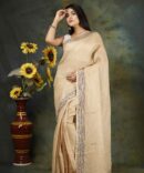 Ivory Sequence Embroidery Linen Plain Saree