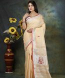 Cream Floral Embroidery Linen Saree