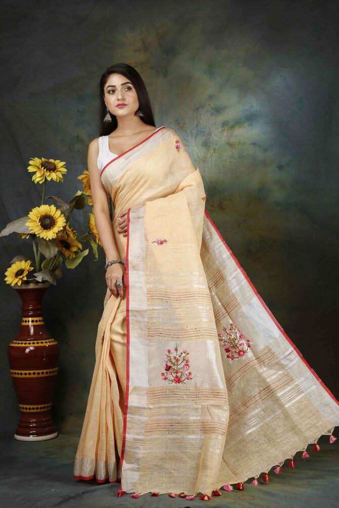 Cream Floral Embroidery Linen Saree