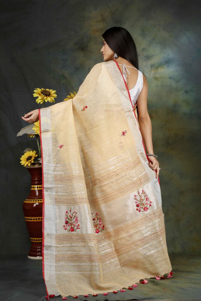Cream Floral Embroidery Linen Saree