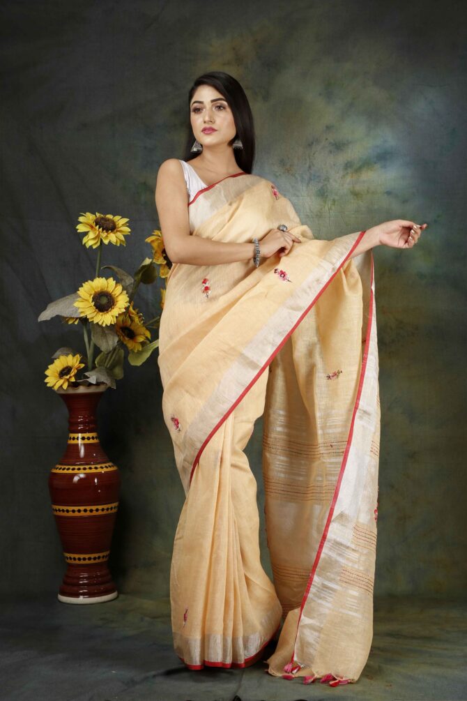 Cream Floral Embroidery Linen Saree