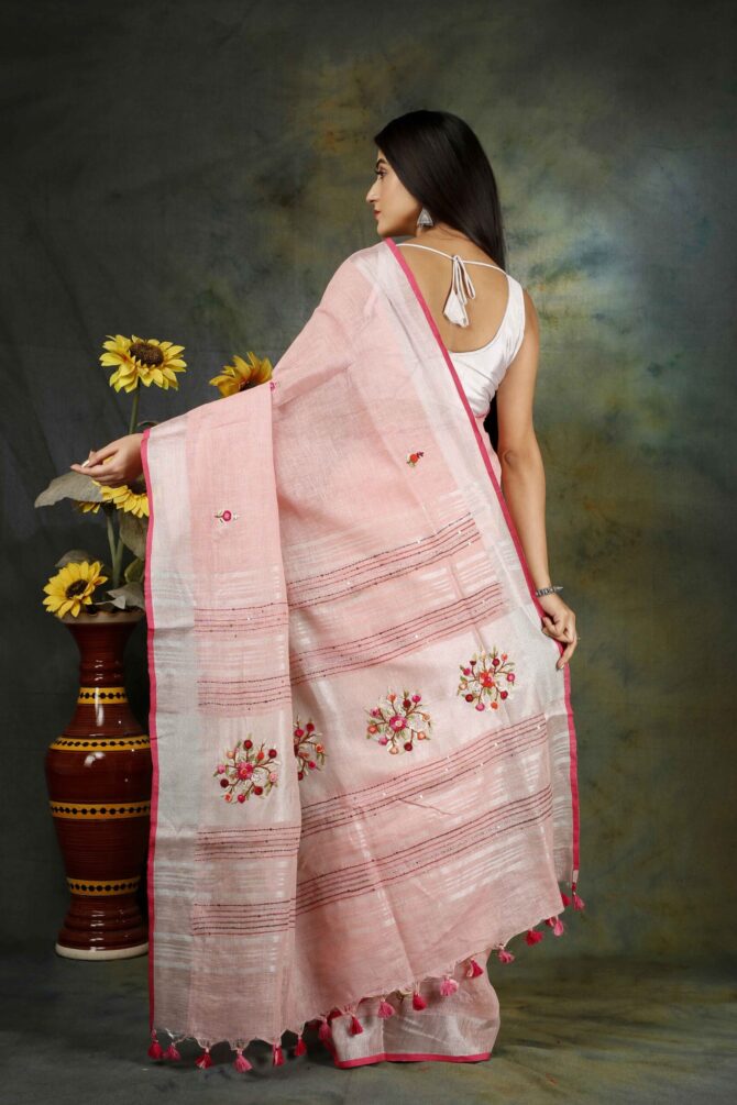 Light Pink Floral Embroidery Linen Saree