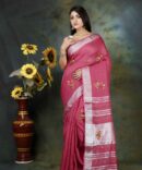 Dark Pink Floral Embroidery Linen Saree