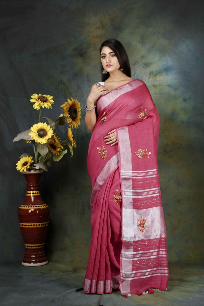 Dark Pink Floral Embroidery Linen Saree
