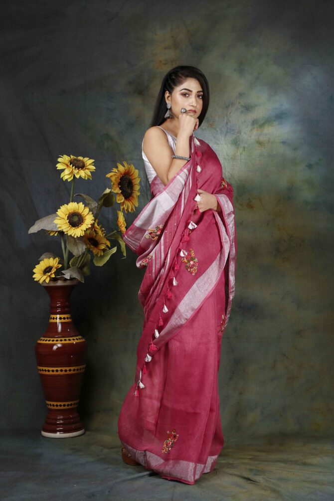 Dark Pink Floral Embroidery Linen Saree