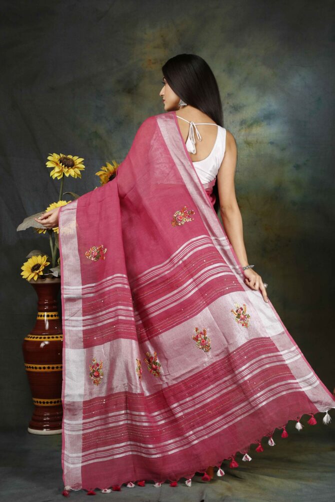 Dark Pink Floral Embroidery Linen Saree