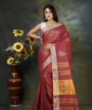 Indian Red Floral Embroidery Linen Saree