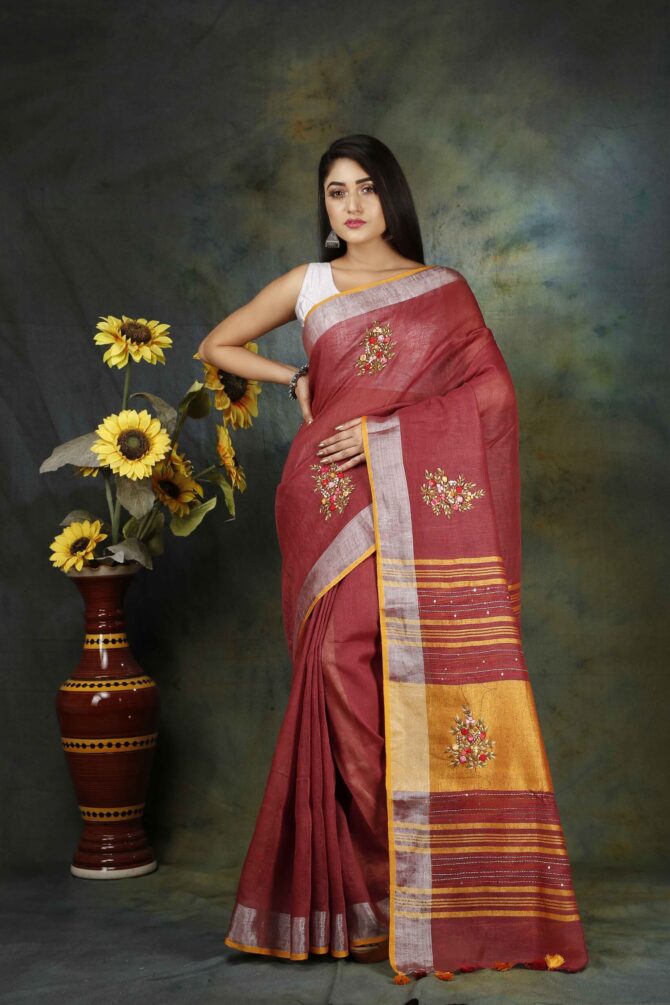 Indian Red Floral Embroidery Linen Saree