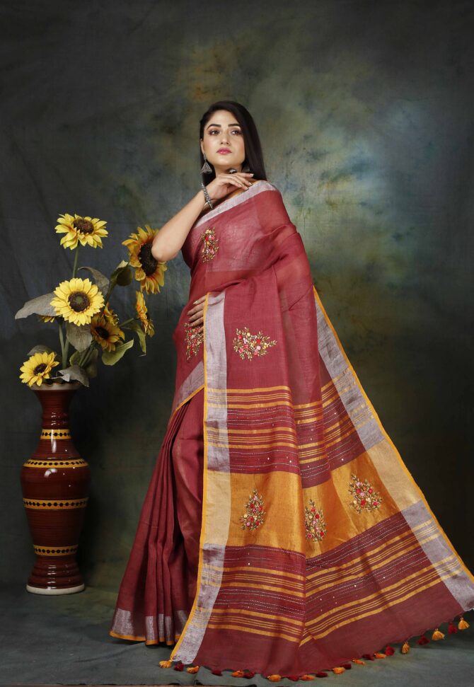Indian Red Floral Embroidery Linen Saree