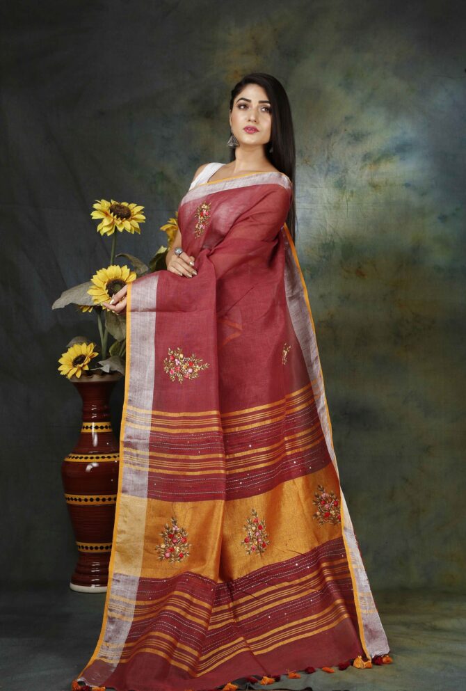 Indian Red Floral Embroidery Linen Saree