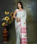 Ash Grey Floral Embroidery Linen Saree