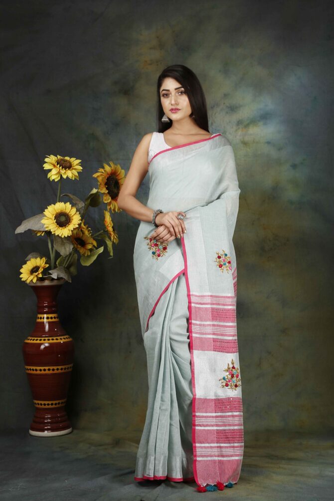 Ash Grey Floral Embroidery Linen Saree