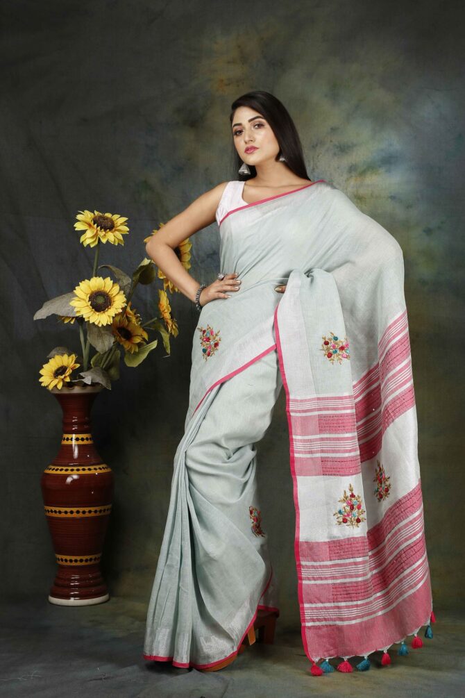 Ash Grey Floral Embroidery Linen Saree