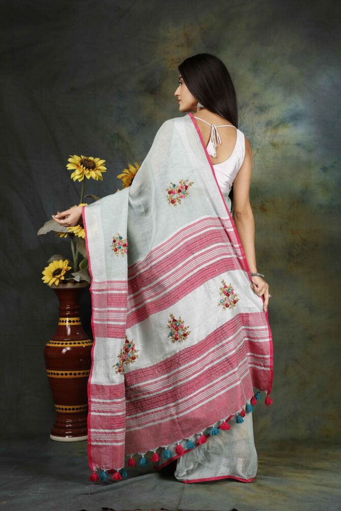 Ash Grey Floral Embroidery Linen Saree