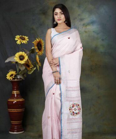 Baby Pink Floral Embroidery Linen Saree
