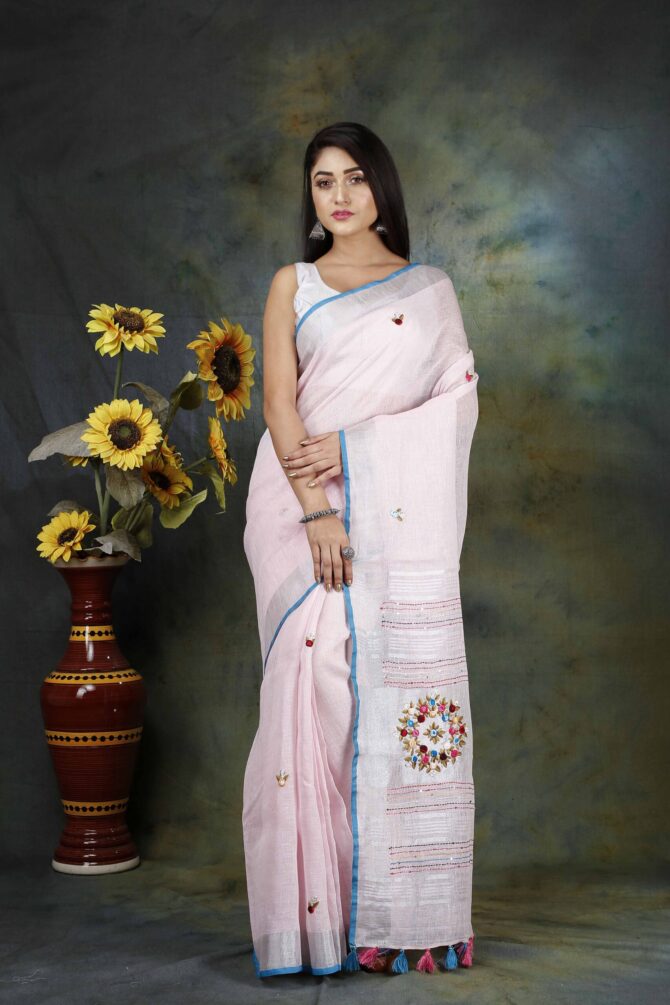 Baby Pink Floral Embroidery Linen Saree