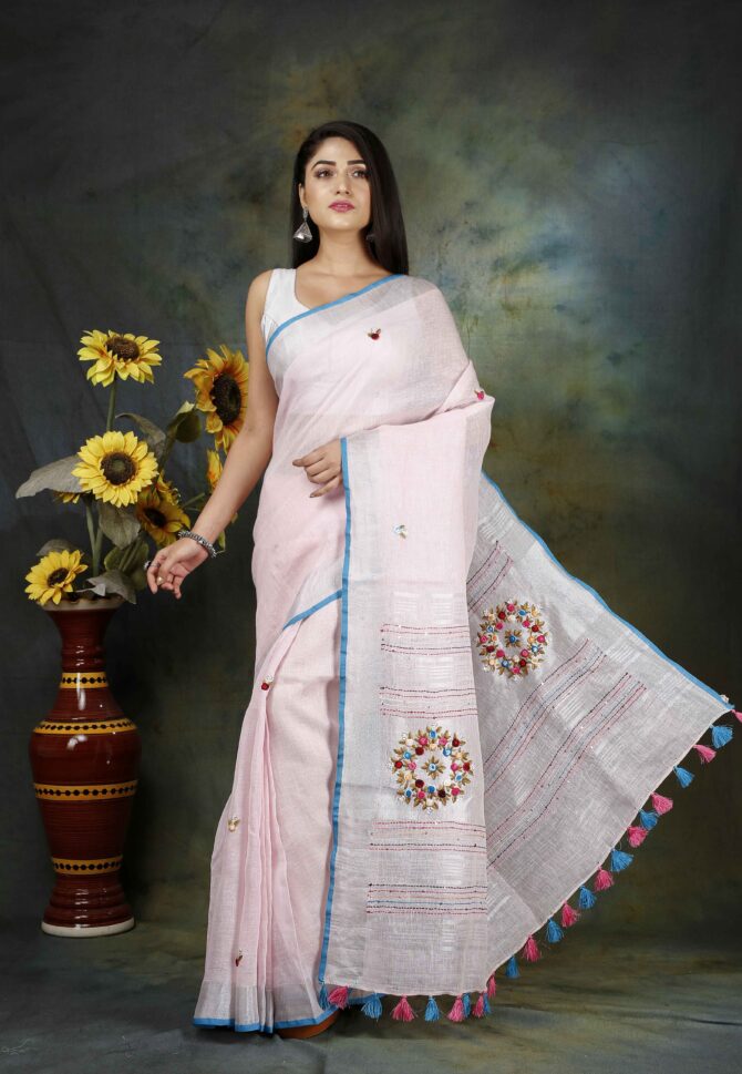 Baby Pink Floral Embroidery Linen Saree